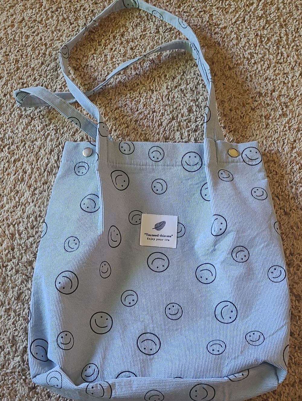 Light Blue Smiley Face Corduroy Tote